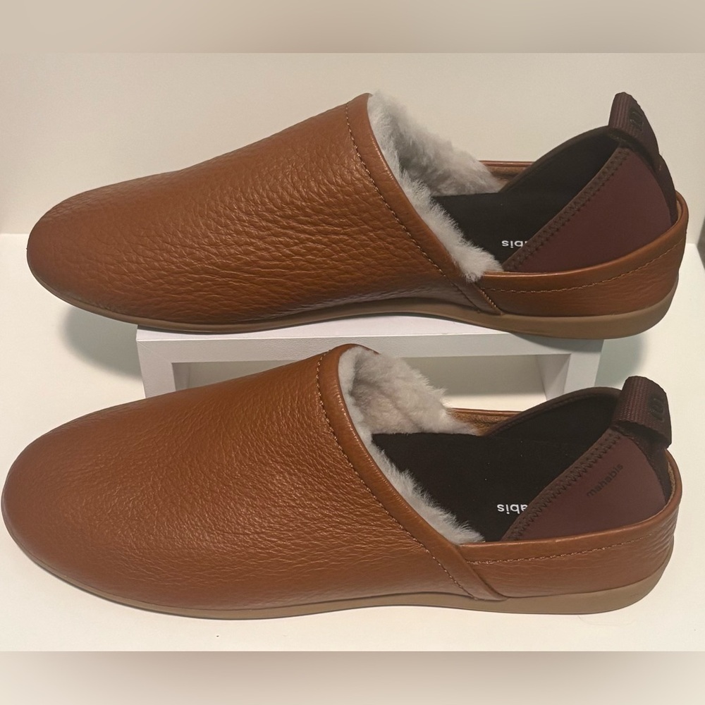 mahabis Tan Brown Leather Slip-On Loafers with Shearling Trim